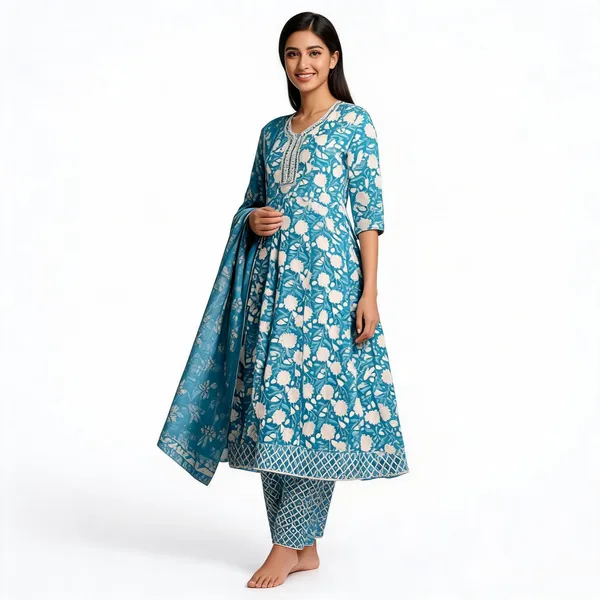 Turquoise_Cotton_Floral_Print_Anarkali_Kurta_Set_For_Women