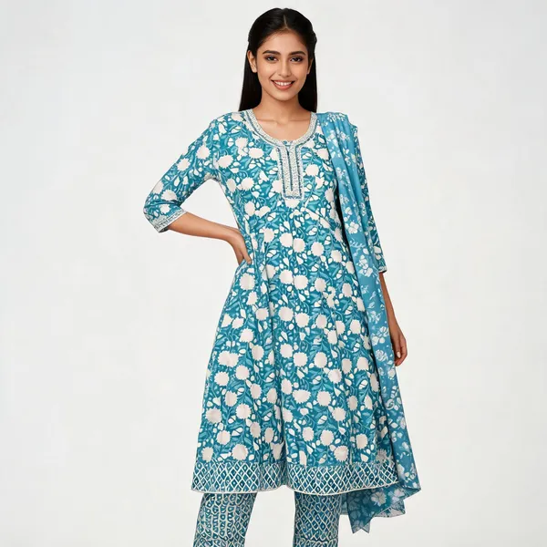 Turquoise_Cotton_Floral_Print_Anarkali_Kurta_Set_For_Women