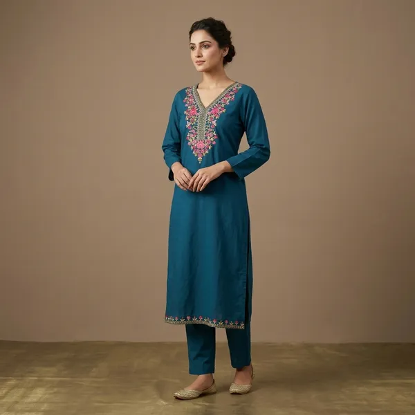 Teal_Blue_Cotton_Rayon_Straight_Floral_Embroidered_Kurta_For_Women