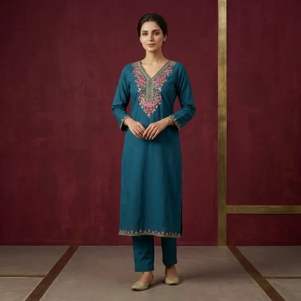 Teal_Blue_Cotton_Rayon_Straight_Floral_Embroidered_Kurta_For_Women