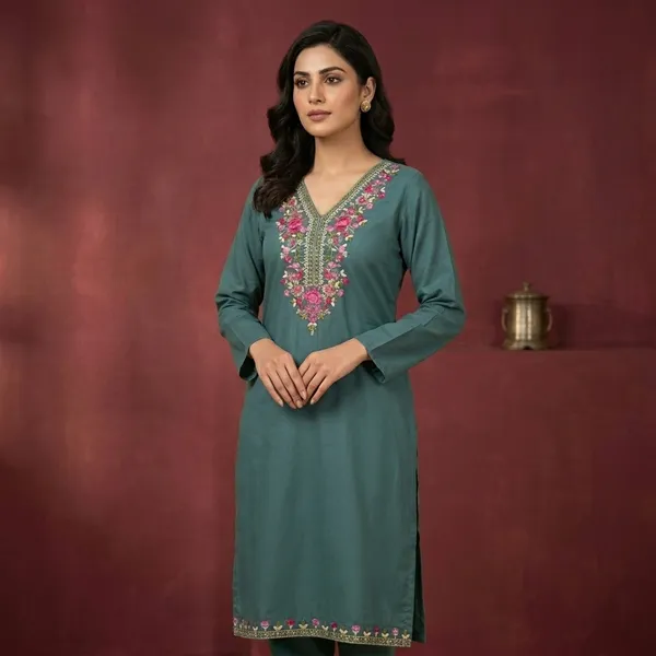 Teal_Green_Cotton_Rayon_Straight_Floral_Embroidered_Kurta_Set_For_Women