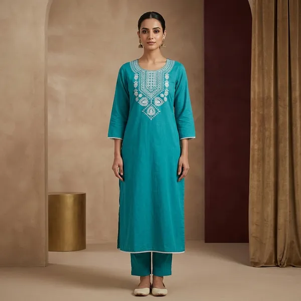 Turquoise_Cotton_Rayon_Straight_Embroidered_Kurta_For_Women