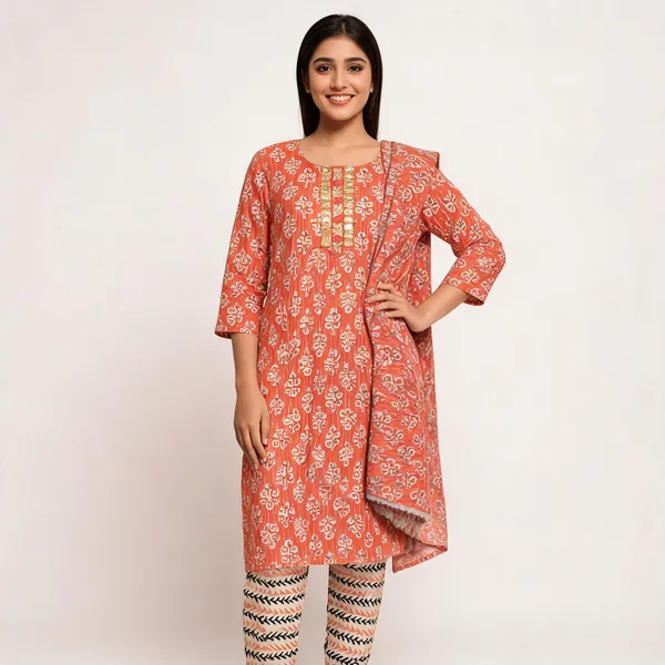 Coral_Red_Cotton_Block_Print_Straight_Kurta_Set_With_Dupatta_For_Women