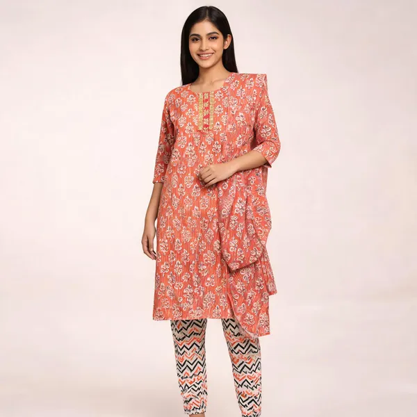 Coral_Red_Cotton_Block_Print_Straight_Kurta_Set_With_Dupatta_For_Women