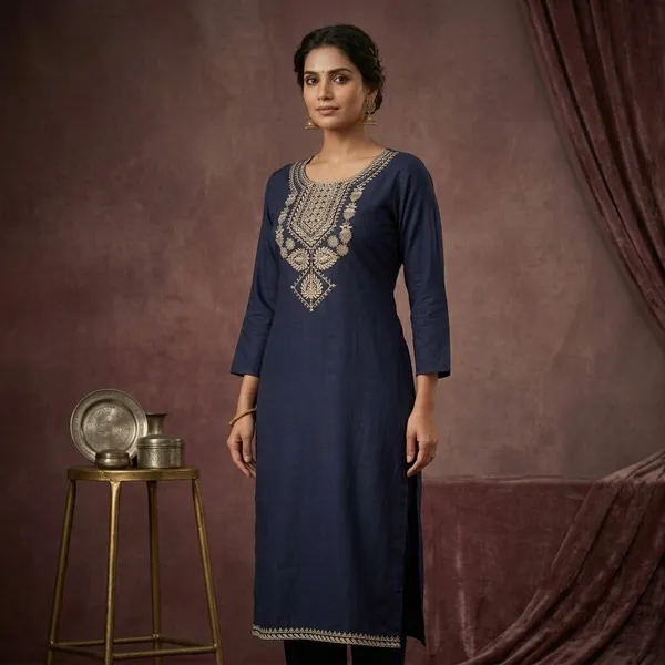 Navy_Blue_Cotton_Rayon_Straight_Embroidered_Kurta_For_Women
