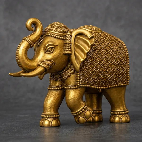 Gold_Brass_Elephant_Figurine_Raised_Trunk_Ornate_Detailing