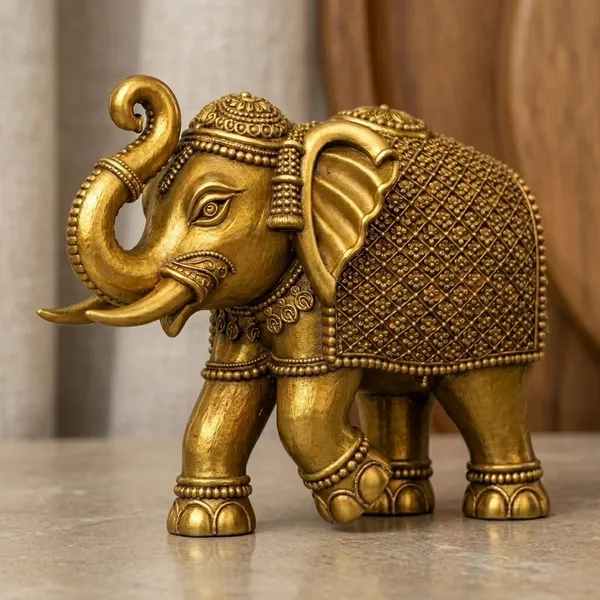 Gold_Brass_Elephant_Figurine_Raised_Trunk_Ornate_Detailing