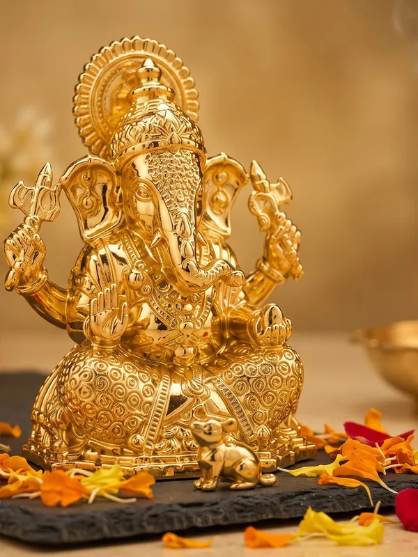 Gold_Brass_Ganesha_Idol_On_Carved_Lotus_Base_With_Trishul