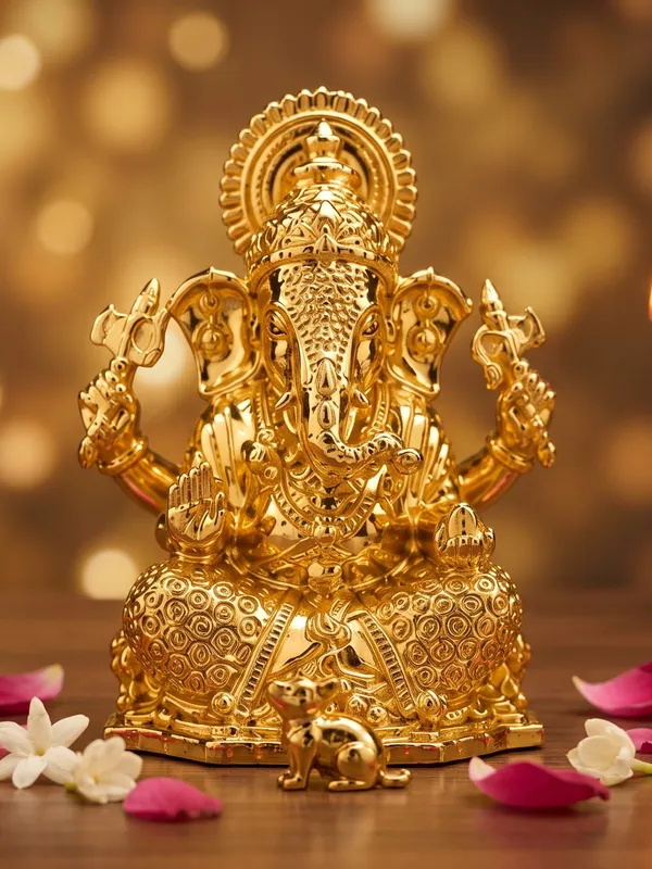 Gold_Brass_Ganesha_Idol_On_Carved_Lotus_Base_With_Trishul