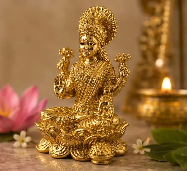 Gold_Brass_Lakshmi_Idol_On_Lotus_Throne_With_Sun_Motif_Crown