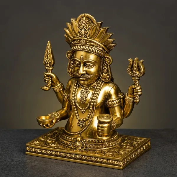 Gold_Brass_Kubera_Idol_With_Ornate_Crown_On_Carved_Base