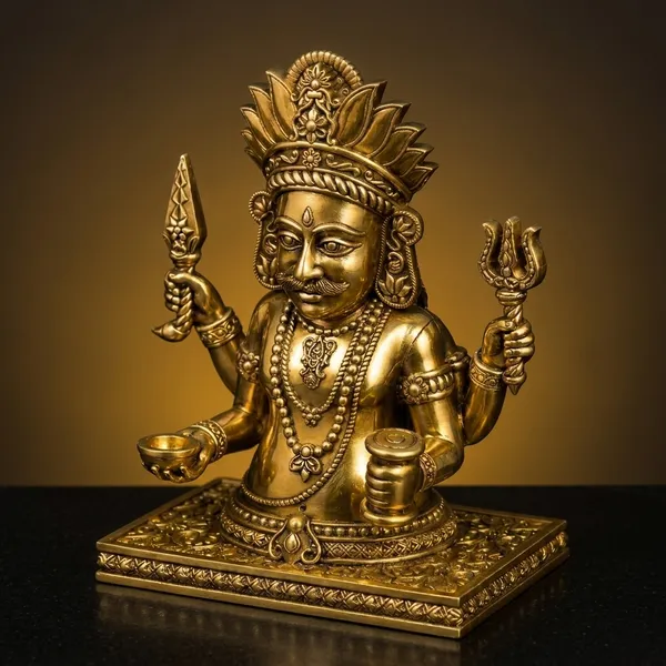 Gold_Brass_Kubera_Idol_With_Ornate_Crown_On_Carved_Base