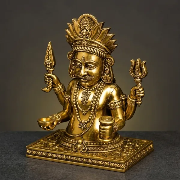 Gold_Brass_Kubera_Idol_With_Ornate_Crown_On_Carved_Base