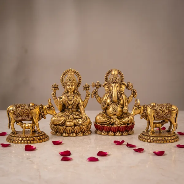 Antique_Brass_Lakshmi_Ganesha_Idol_Set_With_Kamdhenu_Cow_Pair