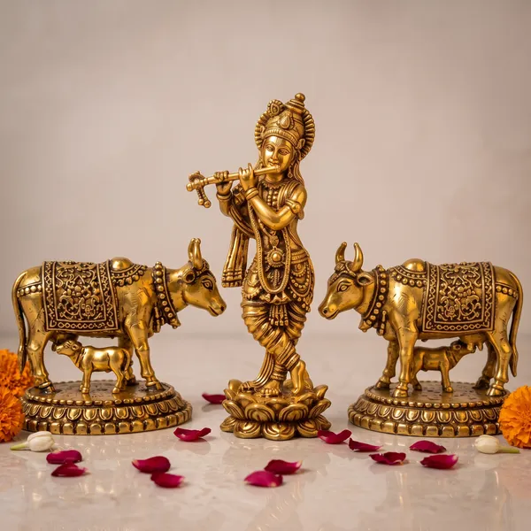 Antique_Brass_Krishna_Idol_With_Kamdhenu_Cow_Pair