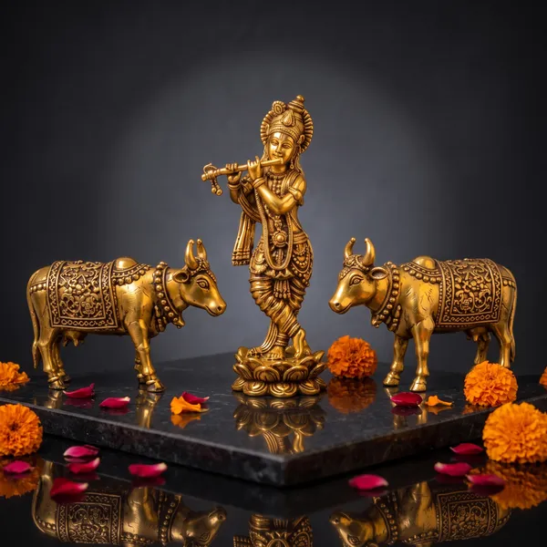 Antique_Brass_Krishna_Idol_With_Kamdhenu_Cow_Pair