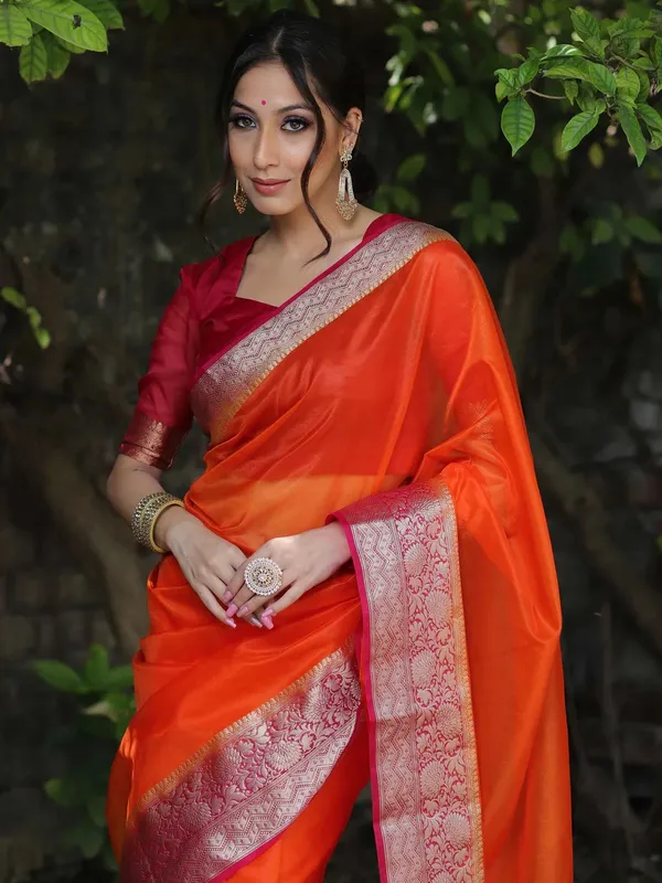 Premium_Orange_Organza_Silk_Saree_with_Elegant_Golden_Woven_Border