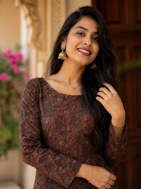 Elegant_Women's_Coffee_Brown_Heavy_Rayon_Floral_Print_Bell_Sleeves_Back_Dori_Top