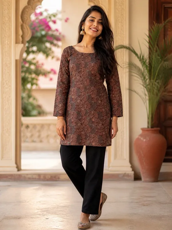 Elegant_Women's_Coffee_Brown_Heavy_Rayon_Floral_Print_Bell_Sleeves_Back_Dori_Top