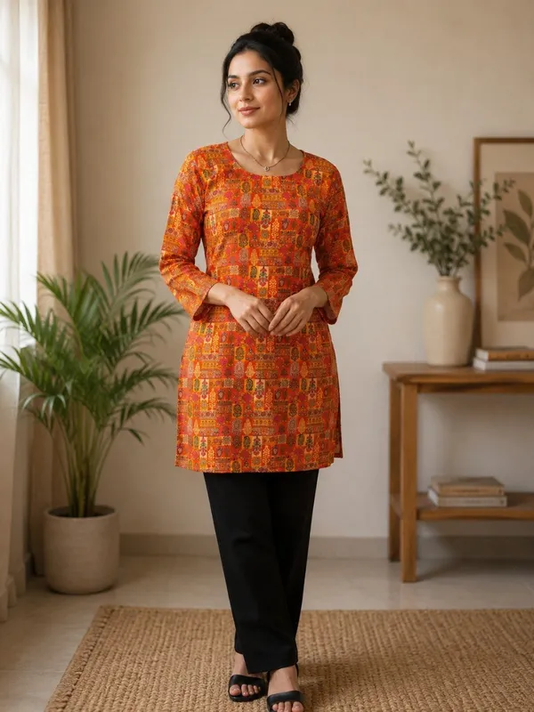 Elegant_Women's_Orange_Red_Heavy_Rayon_Floral_Print_Bell_Sleeves_Back_Dori_Top