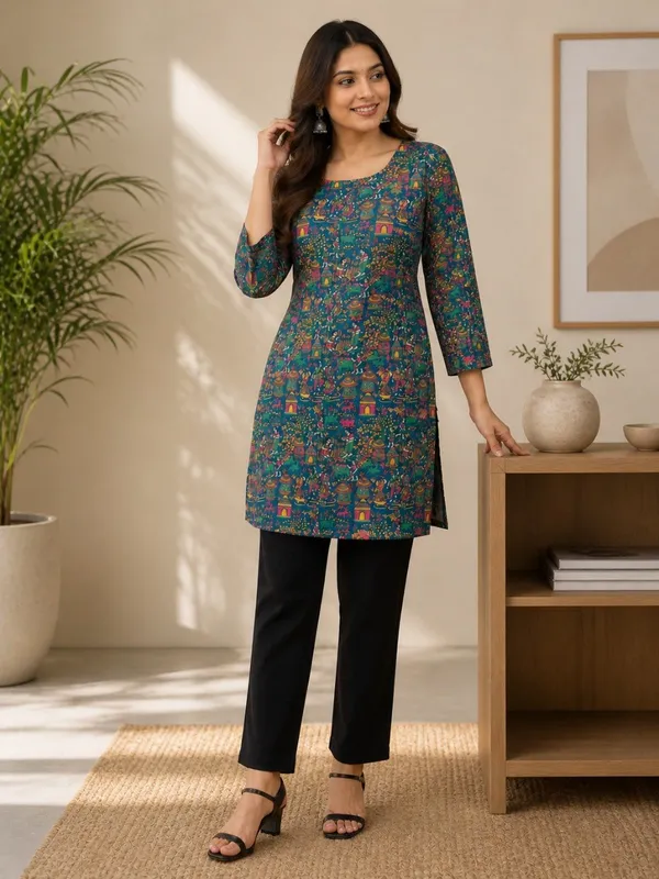 Elegant_Women's_Teal_Green_Heavy_Rayon_Floral_Print_Bell_Sleeves_Back_Dori_Top
