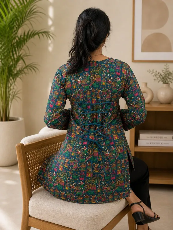 Elegant_Women's_Teal_Green_Heavy_Rayon_Floral_Print_Bell_Sleeves_Back_Dori_Top