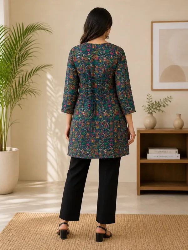 Elegant_Women's_Teal_Green_Heavy_Rayon_Floral_Print_Bell_Sleeves_Back_Dori_Top