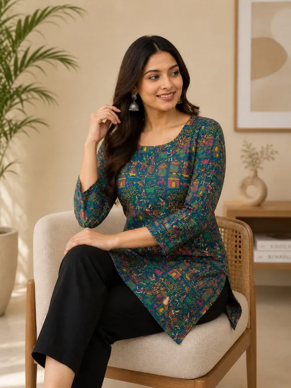 Elegant_Women's_Teal_Green_Heavy_Rayon_Floral_Print_Bell_Sleeves_Back_Dori_Top