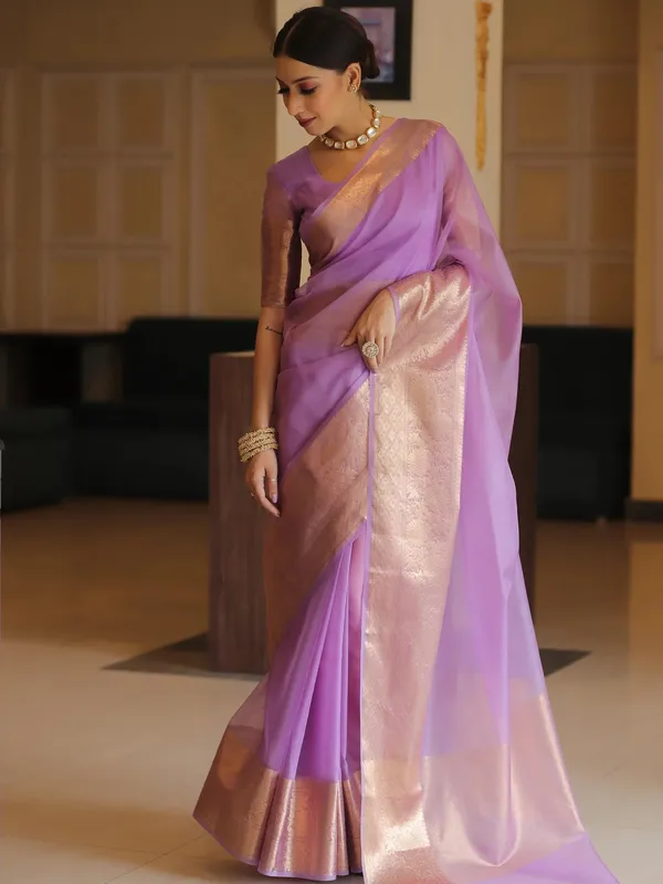 Premium_Lavender_Organza_Silk_Saree_with_Elegant_Golden_Woven_Border