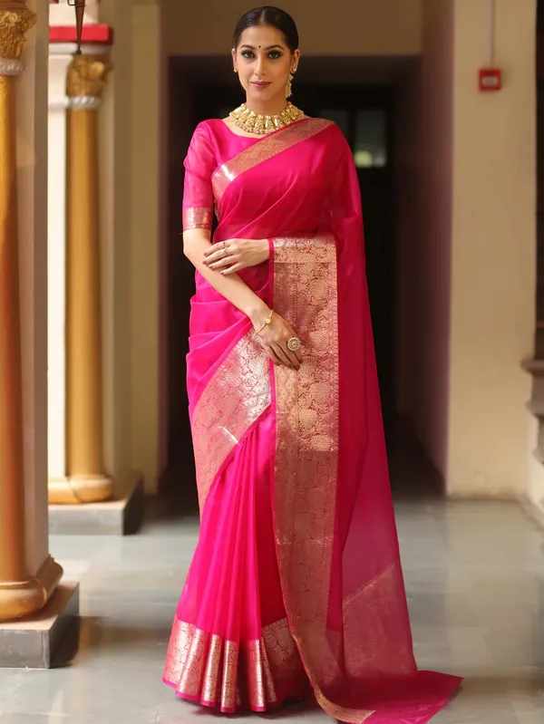 Premium_Pink_Organza_Silk_Saree_with_Elegant_Golden_Woven_Border