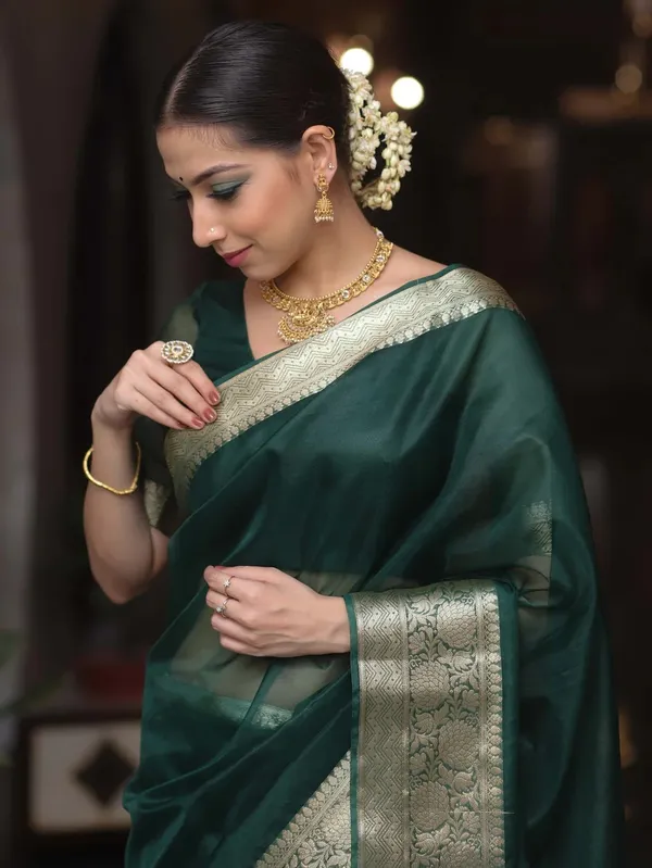 Premium_Green_Organza_Silk_Saree_with_Elegant_Golden_Woven_Border