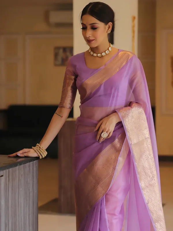 Premium_Lavender_Organza_Silk_Saree_with_Elegant_Golden_Woven_Border