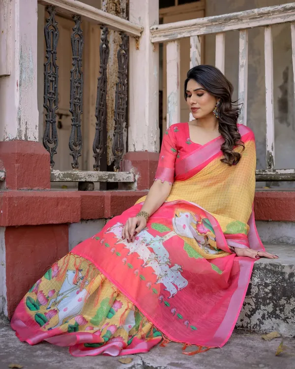 Yellow_Pink_Printed_Saree_For_Women