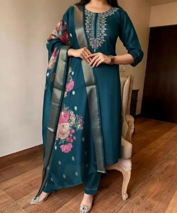 Teal_Blue_Embroidered_3-Piece_Suit_Set_with_Floral_Dupatta
