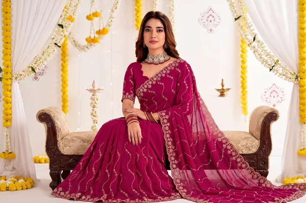 Designer_Mustard_Rani_Pink_Party_Wear_Georgette_Saree_with_Sequin_Embroidery