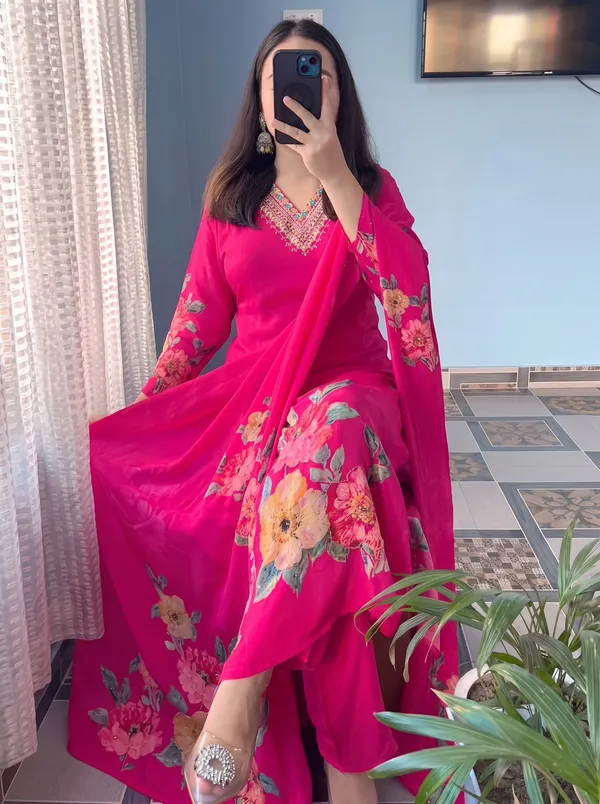 Premium_Kit_Kat_Silk_Kurti_Set_-_Rani_Pink