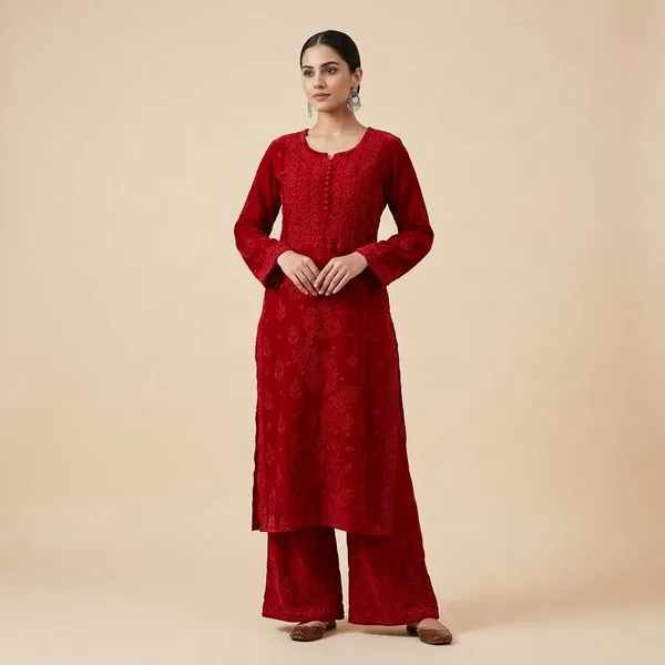 Red_Premium_Georgette_With_Embroidery_Work_Kurti_Set_For_Women