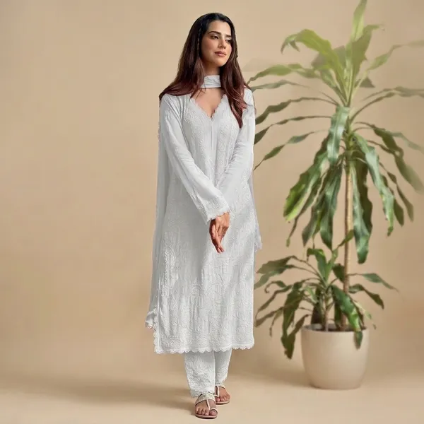 White_Premium_Georgette_Kurta_Pant_Set_For_Women