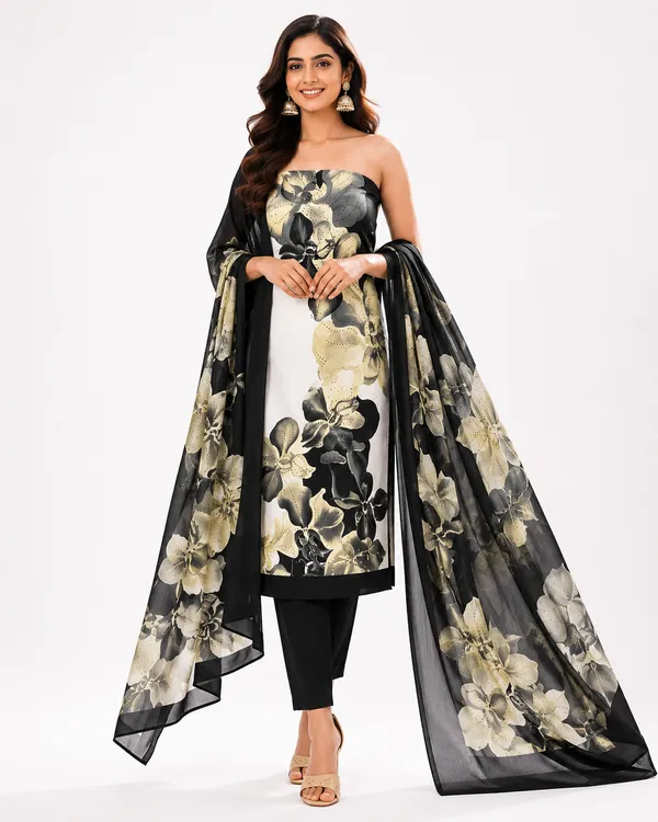 Unstiched_Black_And_White_Soft_Cotton_3Pcs_Salwar_Suit_For_Women