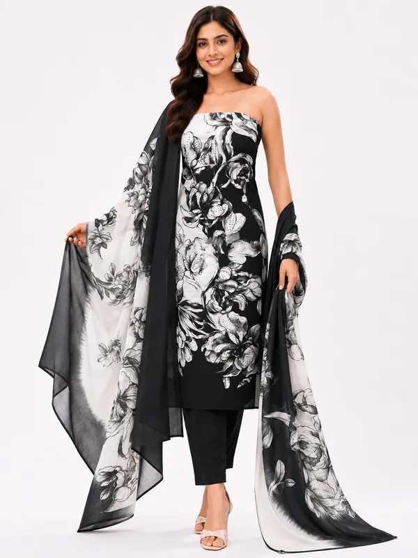 Unstiched_Black_And_White_Soft_Cotton_3Pcs_Salwar_Suit_For_Women
