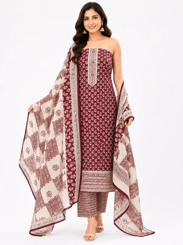 Unstiched_Maroon_And_Cream_Soft_Cotton_3Pcs_Salwar_Suit_For_Women
