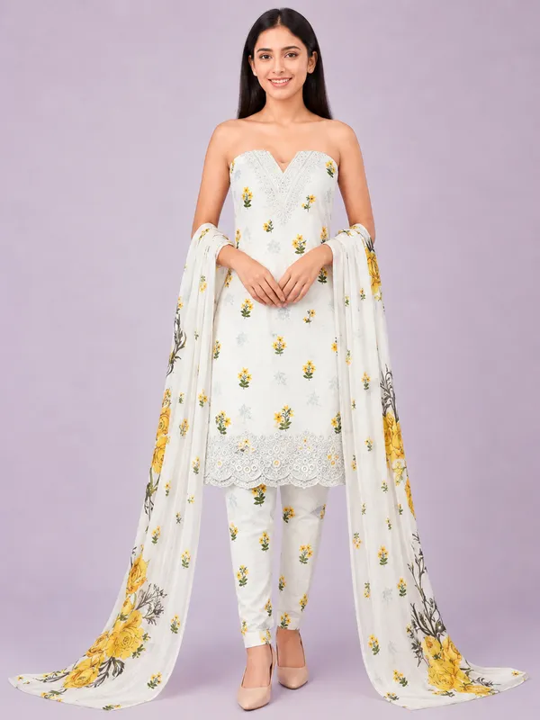 Unstiched_Cream_And_Yellow_Soft_Cotton_3Pcs_Salwar_Suit_For_Women