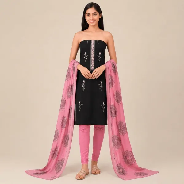 Unstiched_Black_And_Pink_Soft_Cotton_3Pcs_Salwar_Suit_For_Women