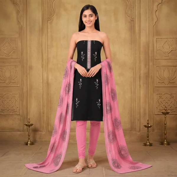 Unstiched_Black_And_Pink_Soft_Cotton_3Pcs_Salwar_Suit_For_Women