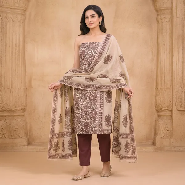 Unstiched_Maroon_And_Blue_Soft_Cotton_3Pcs_Salwar_Suit_For_Women