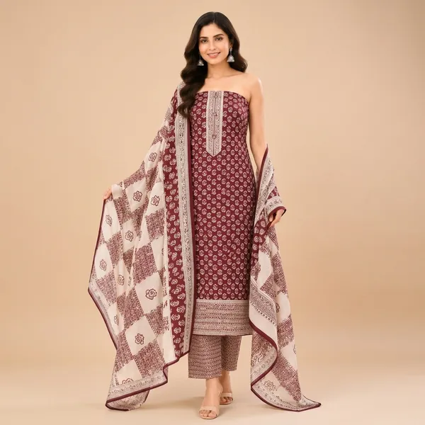 Unstiched_Maroon_And_Cream_Soft_Cotton_3Pcs_Salwar_Suit_For_Women