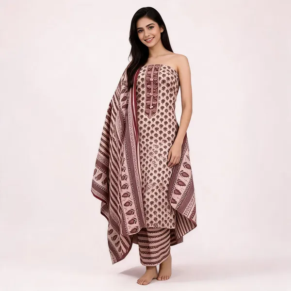 Unstiched_Cream_And_Maroon_Soft_Cotton_3Pcs_Salwar_Suit_For_Women