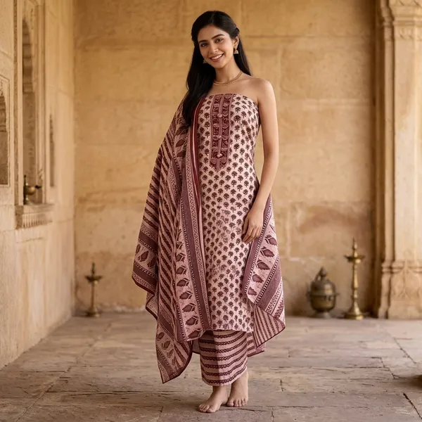Unstiched_Cream_And_Maroon_Soft_Cotton_3Pcs_Salwar_Suit_For_Women