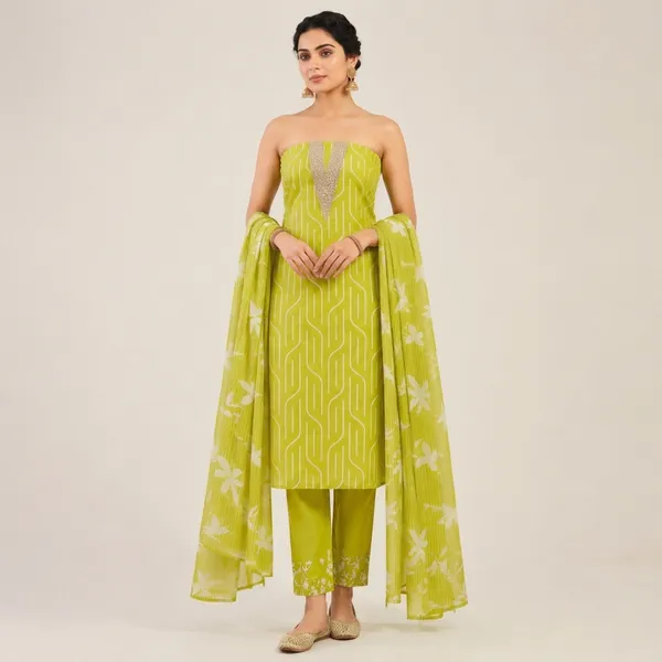 Unstiched_Parrot_Green_Soft_Cotton_3Pcs_Salwar_Suit_For_Women