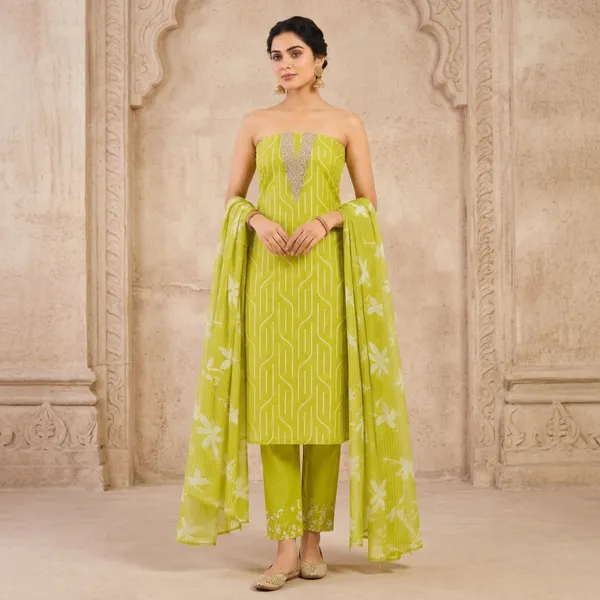 Unstiched_Parrot_Green_Soft_Cotton_3Pcs_Salwar_Suit_For_Women